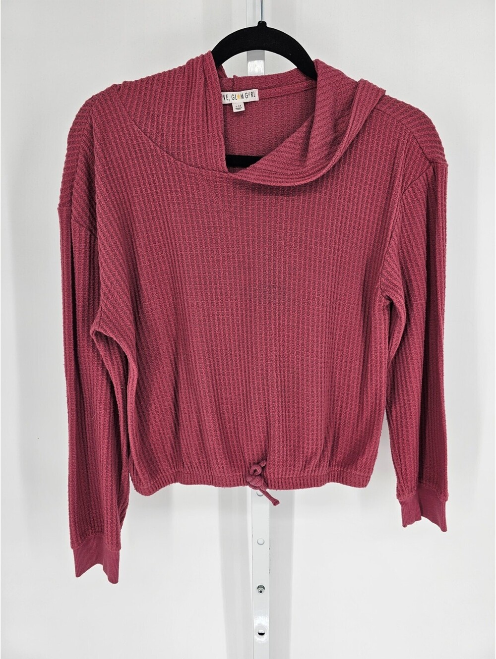 Love Glam Girls Sz L (14) Cropped Waffle Knit Lightweight Hoodie Dark Red